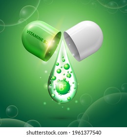 Grüne und weiße Tablettenkapsel mit Tropfen Vitamin B2. Grünes Plakat mit abstraktem Vitamin B1