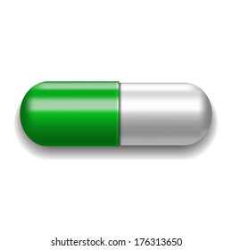 Green and white pill on white background. Vector illustration