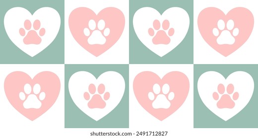 Green, white and pink paws in hearts background. Paw pattern. Dog, cat, kitten, puppy footprints. Pet clothes, blanket. Banner, brochure, poster, card. Vector illustration.