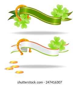 Green and white placard with tree-leaf clovers and golden lucky horseshoe