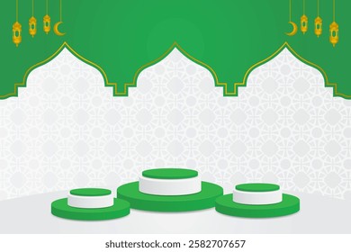 Green and white podium, Islamic background with geometric motifs, green and gold dome, hanging lanterns. The elegant feel is suitable for Ramadan or Eid al-Fitr.