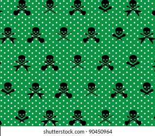 Green with White Polka Dots and Black Rock Musician Skull and Cross Bones Pattern Background Fabric or Wrapping Paper Design