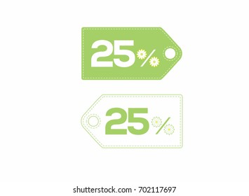 Green and white price tag labels with 25% text designed with a daisy flower icon on them isolated on white background. For spring and summer sale campaigns.