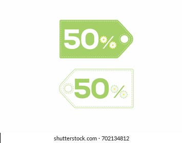 Green and white price tag labels with 50% text designed with a daisy flower icon on them isolated on white background. For spring and summer sale campaigns.