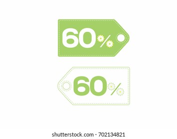 Green and white price tag labels with 60% text designed with a daisy flower icon on them isolated on white background. For spring and summer sale campaigns.