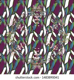 Green, white and purple on colors. Abstract doodles pattern. - stock. Vector illustration. Seamless Cute fabric pattern. Nice background.