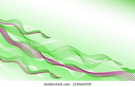 Green, white, purple wavy lines on a gradient green background. Abstract wavy background. Vector illustration.