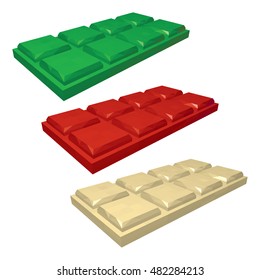Green White and Red Bars of Chocolates in Perspective. Christmas Chocolates Isolated on White Background. Vector 3d Realistic Illustration.