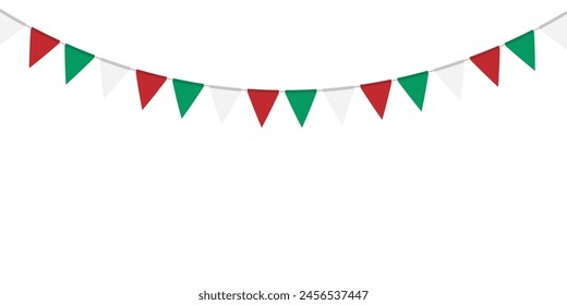 Green, white and red flag garland. Triangle pennants chain. Party decoration. Celebration flags for decor. Vector illustration  