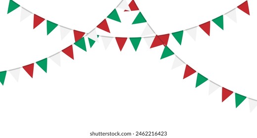 Green, white and red flag garland. Triangle pennants chain. Party decoration. Celebration flags for decor. Vector illustration  