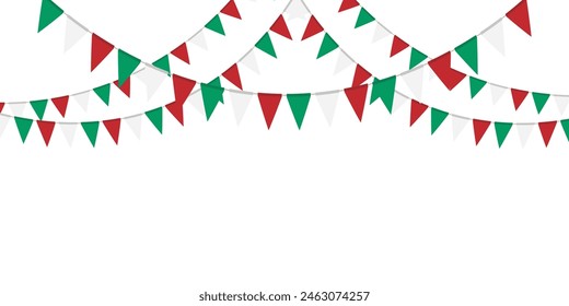 Green, white and red flag garland. Triangle pennants chain. Party decoration. Celebration flags for decor. Vector illustration  