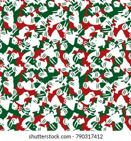Green, white and red seamless pattern. Christmas camouflage with images of hats, socks and Christmas balls. Can be used as background and backdrop for illustrations or computer wallpaper