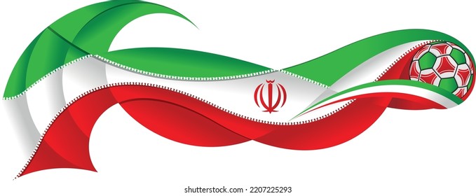 Green white and red soccer ball leaving an abstract trail in the form of a wavy with the colors of the Iranian flag on a white background. Vector image