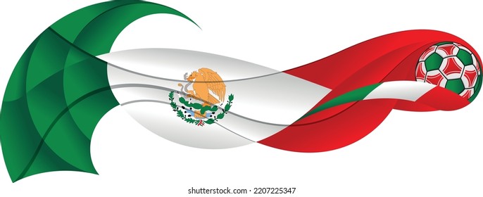 Green white and red soccer ball leaving an abstract trail in the form of a wavy with the colors of the flag of Mexico on a white background. Vector image