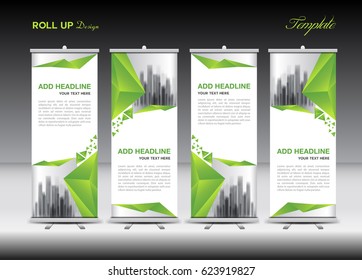 Green and white Roll Up Banner template design on polygon background, Business flyer, display, vector, banner layout, advertisement, j-flag, pull up, x-banner, flag-banner,  abstract geometric, stand
