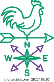 Green and white rooster weathercock vector icon with cardinal directions on black background.