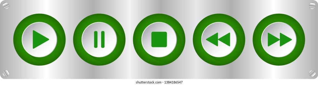 green, white round music control buttons set - five buttons on a sheet metal plate with rounded corners with screws