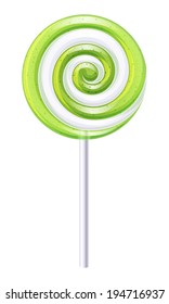 Green and white round spiral candy. Apple or lime lollipop.