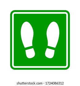 Green and White Rounded Corners Square Floor Marking Icon with Shoe Prints for Queue Line or Other Purposes Requiring Social Distancing. Vector Image.