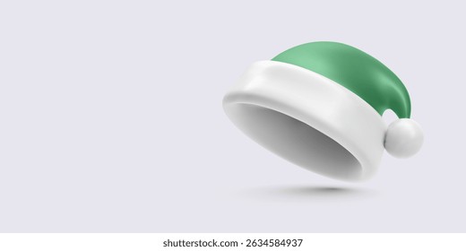 Chapéu Santa Verde E Branco Em Estilo 3D Mínimo Com Textura De Tecido Mole, Flutuando Sobre Fundo Claro. Ideal Para O Natal, Decoração De Férias Ou Design De Personagem De inverno. Ilustração de vetor