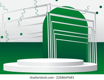 Green and white Sci-fi vector 3D product display. Abstract Stage showcase. Futuristic room, cylinder pedestal podium. Mockup for presentation. Minimal geometric forms, empty scene.