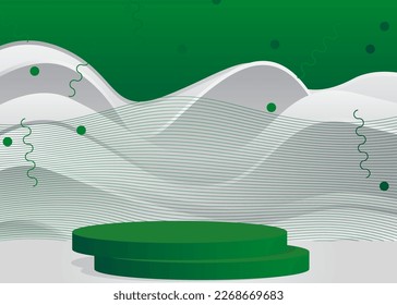 Green and white Sci-fi vector 3D product display. Abstract Stage showcase. Futuristic room, cylinder pedestal podium. Mockup for presentation. Minimal geometric forms, empty scene.