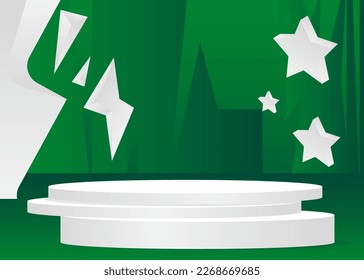 Pantalla de producto 3D vector Sci-fi verde y blanco. Resumen de la muestra de Stage. Habitación futurista, podio peatonal de cilindros. Tragedia para la presentación. Formas geométricas mínimas, escena vacía.