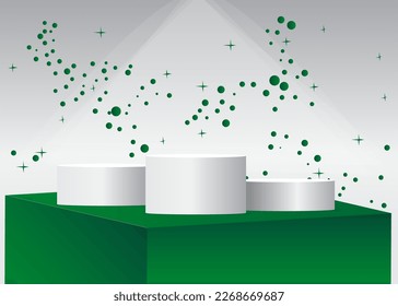 Green and white Sci-fi vector 3D product display. Abstract Stage showcase. Futuristic room, cylinder pedestal podium. Mockup for presentation. Minimal geometric forms, empty scene.