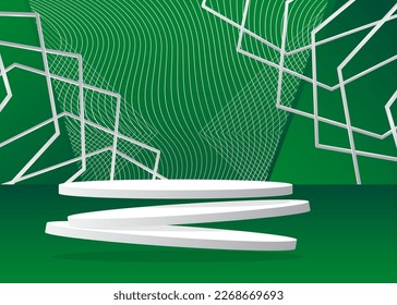 Green and white Sci-fi vector 3D product display. Abstract Stage showcase. Futuristic room, cylinder pedestal podium. Mockup for presentation. Minimal geometric forms, empty scene.
