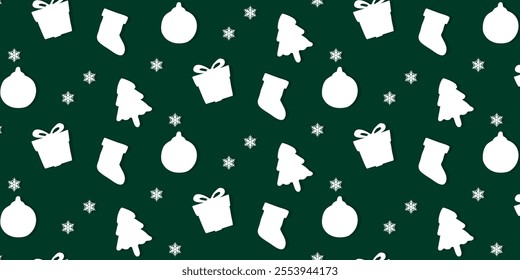 green and White Seamless Christmas Pattern filled with xmas decorations. Fun Christmas Pattern of xmas ornaments and icons. For backgrounds,