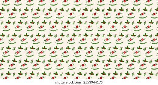 green and White Seamless Christmas Pattern filled with xmas decorations. Fun Christmas Pattern of xmas ornaments and icons. For backgrounds,