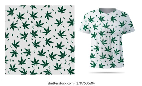 Patrón verde y blanco sin soldadura con hojas de cannabis para imprimir en camiseta. Visualización del diseño de camisetas