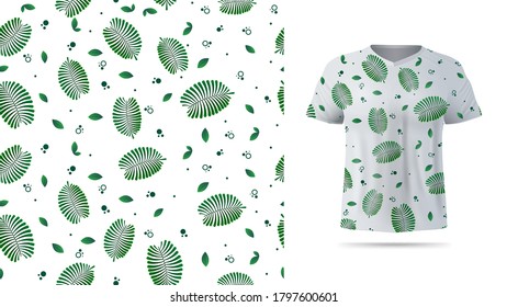 Green and white seamless pattern with exotic leaves, tropical elements for printing on t shirt. Visualization of t shirt design