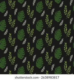 Green and white seamless pattern on a black background. A lush, dense tropical design featuring monstera and olive leaves, perfect for jungle-themed textiles and decor.