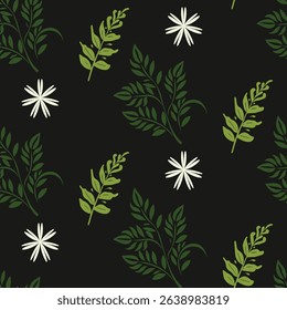 Green and white seamless pattern on a black background. This elegant design combines delicate olive branches with simple star-shaped flowers, ideal for sophisticated decor. 