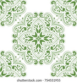 Green and white seamless pattern. Ornament. Floral pattern. Paisley elements. Traditional, Arabic, Turkish, Indian motifs. Great for fabric and textile, wallpaper, packaging or any desired idea.