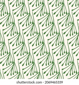Green and white seamless pattern with sprigs. Vector stock illustration for fabric, textile, wallpaper, posters, paper. Fashion print. Branch with monstera leaves. Doodle style.