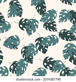 Green and white seamless pattern with sprigs. Vector stock illustration for fabric, textile, wallpaper, posters, paper. Fashion print. Branch with monstera leaves. Doodle style.
