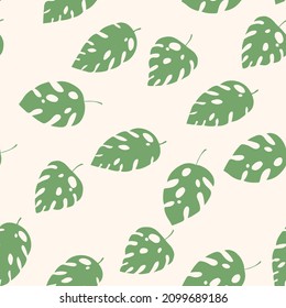 Green and white seamless pattern with sprigs. Vector stock illustration for fabric, textile, wallpaper, posters, paper. Fashion print. Branch with monstera leaves. Doodle style.