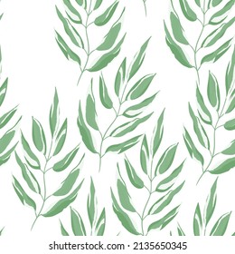 Green and white seamless pattern with sprigs. Vector stock illustration for fabric, textile, wallpaper, posters, paper. Fashion print. Branch with monstera leaves. Doodle style.