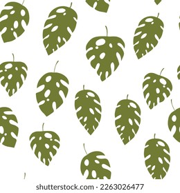 Green and white seamless pattern with sprigs. Vector stock illustration for fabric, textile, wallpaper, posters, paper. Fashion print. Branch with monstera leaves. Doodle style.