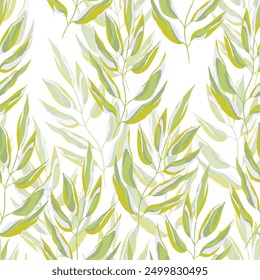 Patrón transparente verde y blanco con muelles. Ilustración de stock de Vector para tela, textil, Fondo de pantalla, carteles, papel. Estampado de moda. Rama con hojas de monstruo. Estilo Doodle.