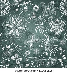 Green and white seamless pattern with transparent flowers and butterflies (vector EPS 10)