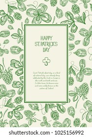 Green and white square frame sketch composition postcard with many traditional elements around the text about st. patricks day decorated on white background vector illustration