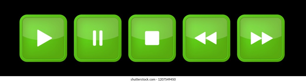 green, white square music control buttons set - five icons with shadows in front of a black background