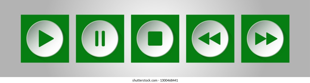 green, white square music control buttons set - five icons with shadows in front of a silver background