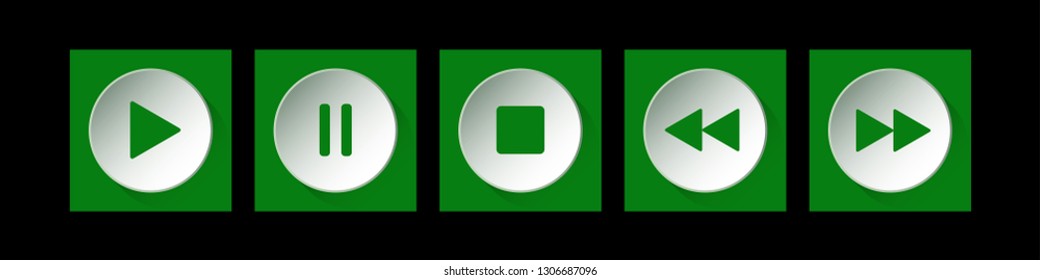 green, white square music control buttons set - five icons with shadows in front of a black background