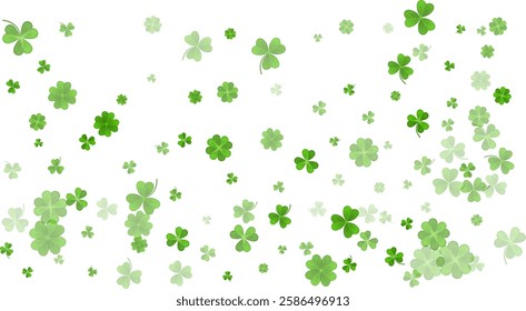 Green White St. Patricks Day bg. Flying clover leaves. Clover leaf as a symbol of good luck, traditional holiday of Ireland, beer festival. Vector background Illustration.