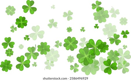 Green White St. Patricks Day bg. Flying clover leaves. Clover leaf as a symbol of good luck, traditional holiday of Ireland, beer festival. Vector background Illustration.