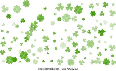 Green White St. Patricks Day bg. Flying clover leaves. Clover leaf as a symbol of good luck, traditional holiday of Ireland, beer festival. Vector background Illustration.